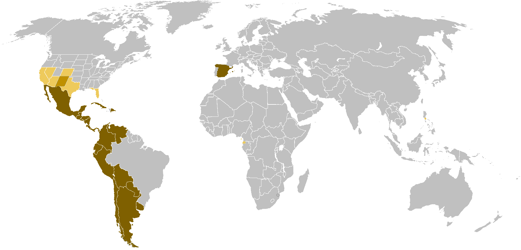Distribución del idioma español. Oscuro = idioma oficial mayoritario. Claro = español como idioma secundario.