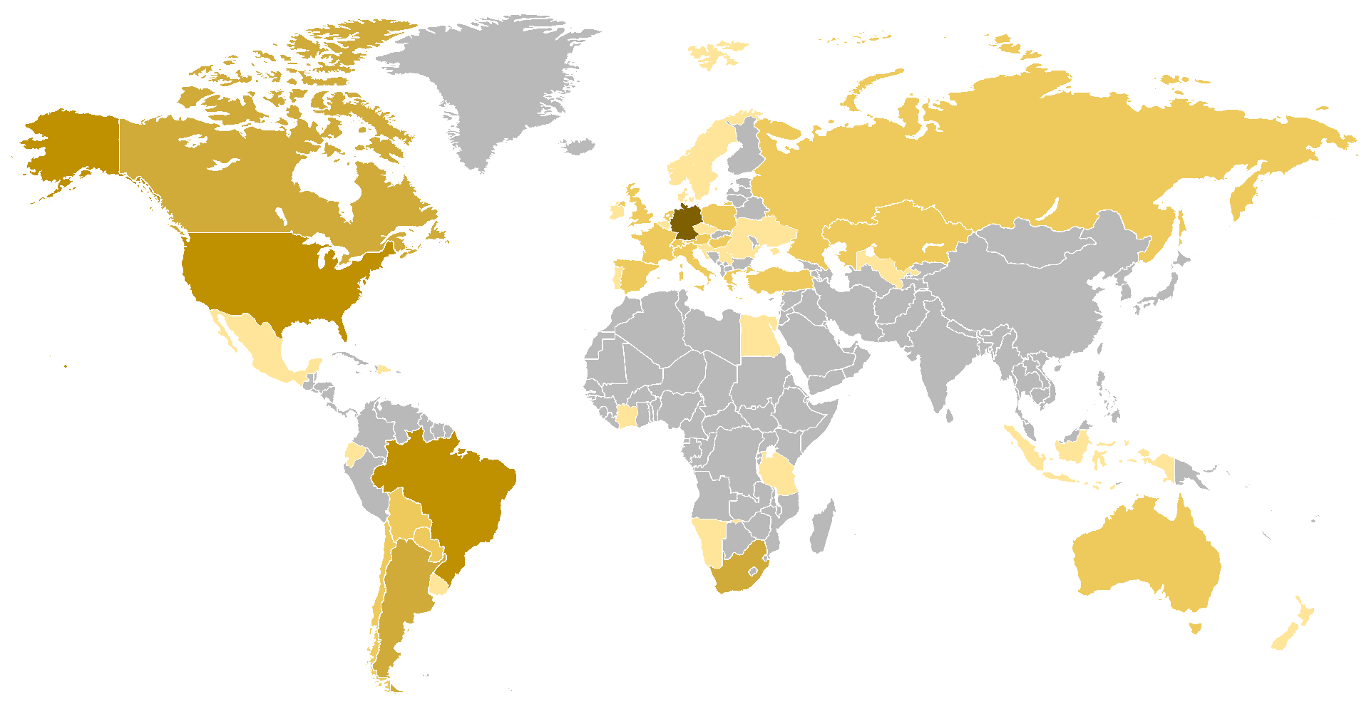 Weltweite Verteilung deutschsprachiger Personen. Je dunkler die Farbe, desto höher die Dichte pro Land.