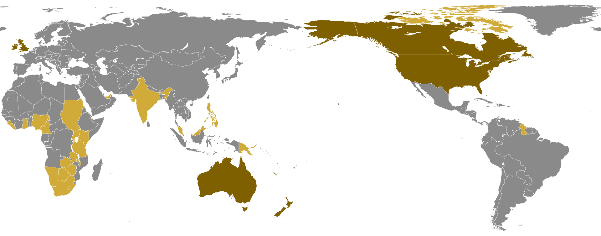 English language distribution. Dark = native. Bright = English as official / administrative language.