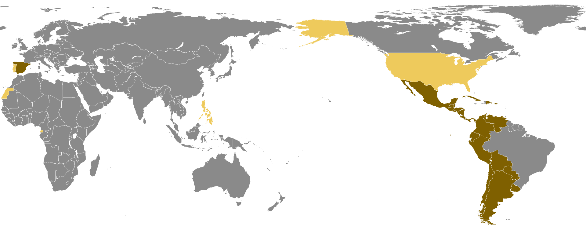 Distribución del idioma español. Oscuro = idioma oficial mayoritario. Claro = español como idioma secundario / hablado.
